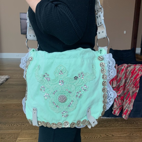 Seafoam Green Embellished Messenger Bag - Rare! - Picture 3 of 4